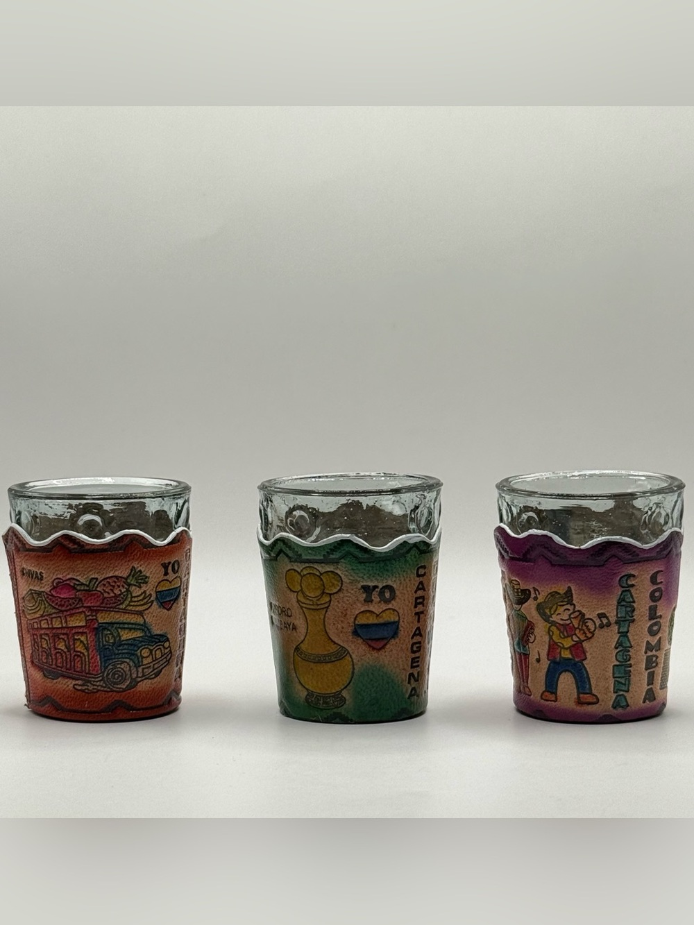Colombia Cartagena (3) Shot Glasses w/Hand Tooled Painted Leather Sleeves